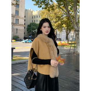 Maven Lin 贵雅名怜 1OO羊毛呢子背心马甲女毛领短款斗篷毛呢大衣