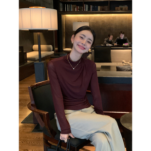 针织上衣女安哥拉红长袖 知识分子通勤高领气质修身 t恤 Lin Maven