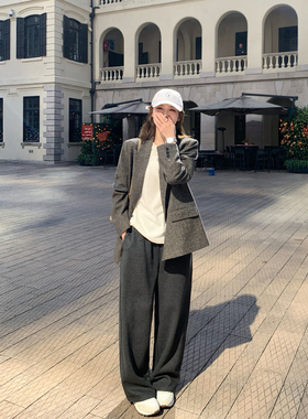 Maven Lin 随性松弛 深灰色绒感直筒休闲裤女宽松垂坠感阔腿长裤