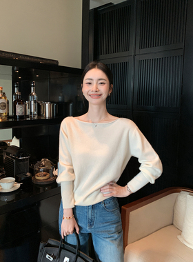 Maven Lin高阶质感 1OO羊毛斜肩长袖针织衫女气质一字船领上衣