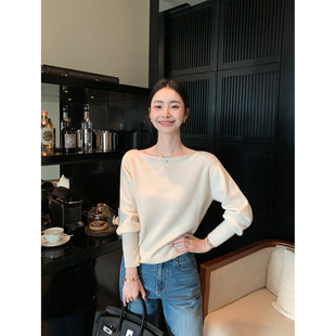 针织衫 1OO羊毛斜肩长袖 女气质一字船领上衣 Lin高阶质感 Maven