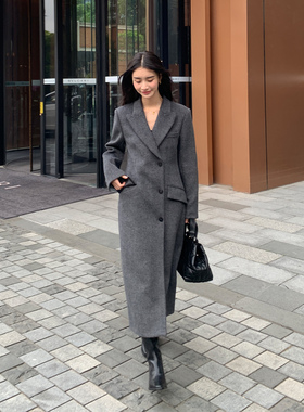 Maven Lin 灰色羊毛呢子大衣女2025秋冬高级感修身长款毛呢外套