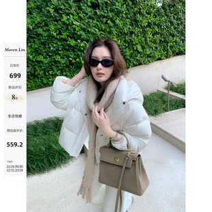 米白色连帽短款 智系轻盈 羽绒服女蓬松白鸭绒保暖外套 Lin Maven