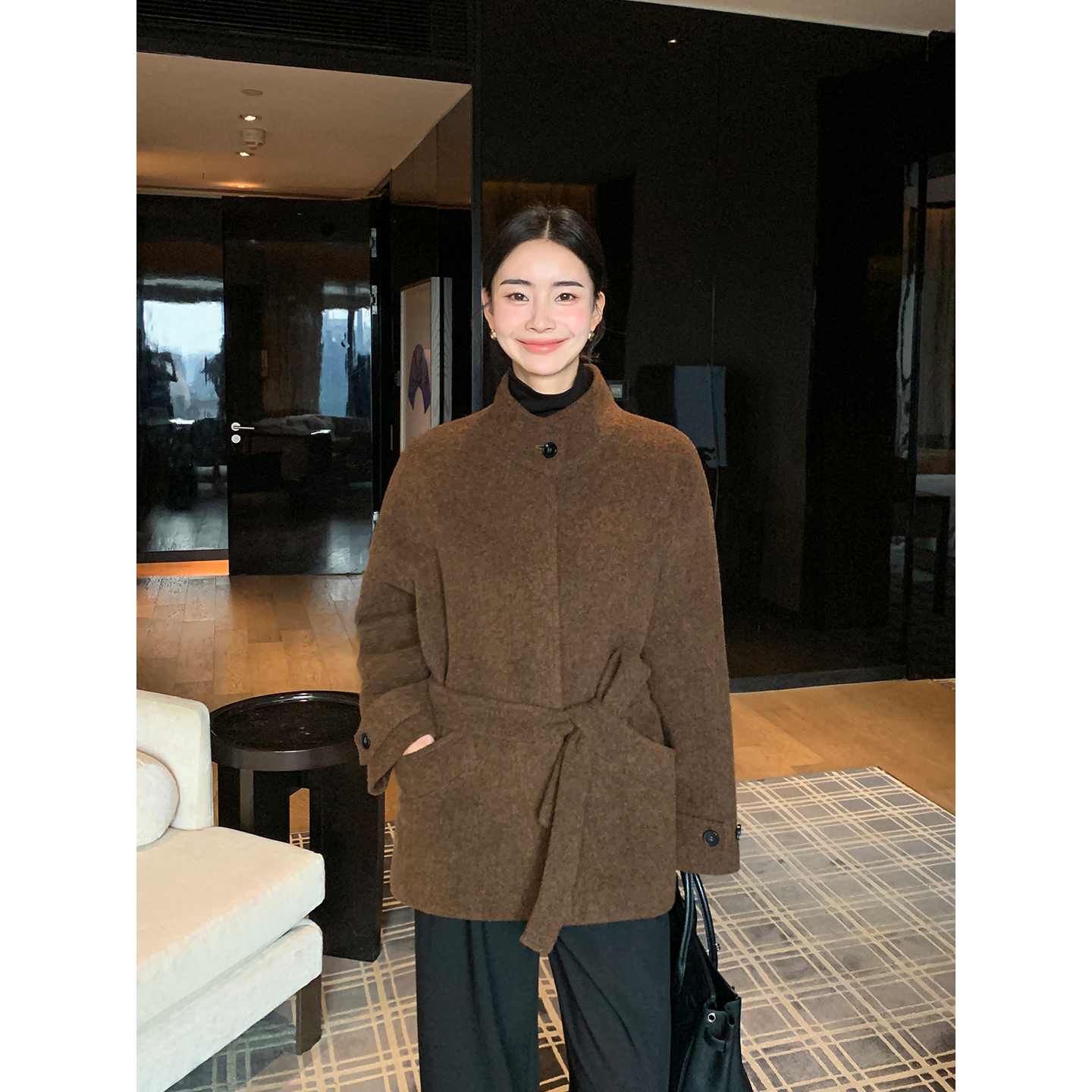 Maven Lin 优雅臻奢 100%羊毛立领大衣女气质收腰短款毛呢外套