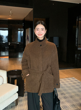 Maven Lin 优雅臻奢 100%羊毛立领大衣女气质收腰短款毛呢外套