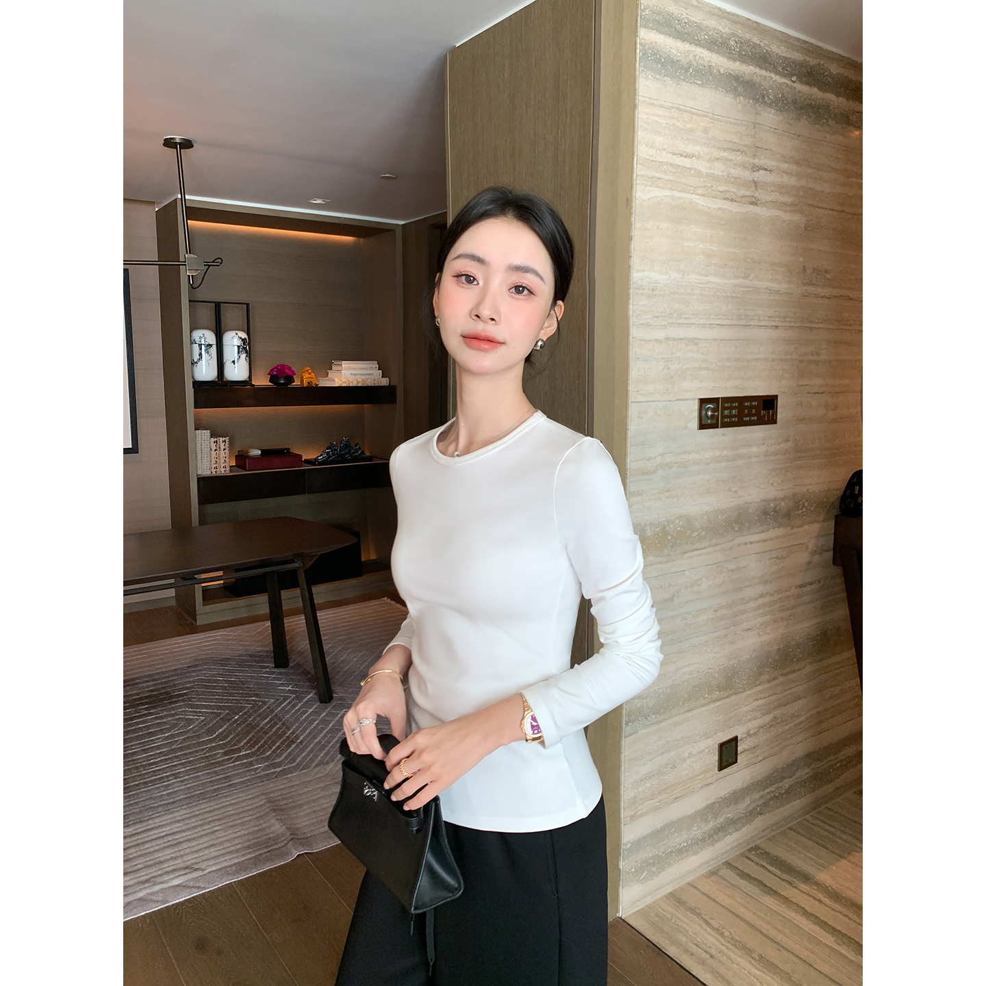 Maven Lin 基础系列 经典圆领长袖T恤女修身磨毛针织打底衫上衣