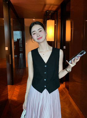 Maven Lin 衣橱单品|老钱风100%亚麻马甲西装上衣女简约V领马夹