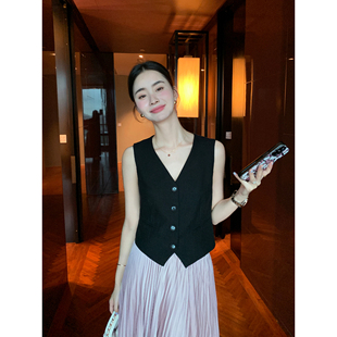 老钱风1OO亚麻马甲西装 衣橱单品 上衣女简约V领马夹 Lin Maven