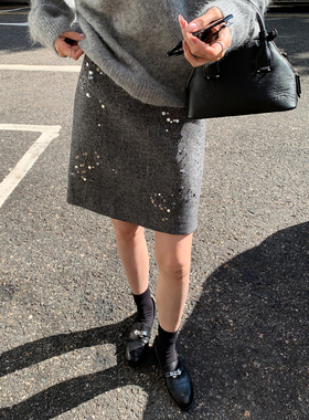 Maven Lin 星光熠闪 小香风重工亮片半身裙女职场通勤毛呢a字短裙