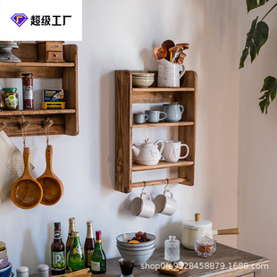 批发天然旧木置物架厨房墙面多功能挂架实木吊柜木制复古展示壁柜