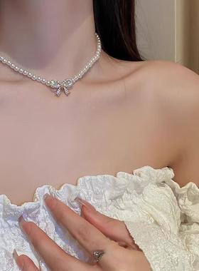 MaisonCleo蝴蝶结珍珠项链配裙子新款爆款锁骨链小众颈链配饰礼服