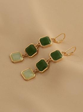 MaisonCleo几何方形耳坠女森系超仙长款流苏耳饰春夏小清新绿色耳