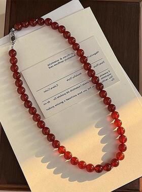 复古串珠红玛瑙S925银锁骨链