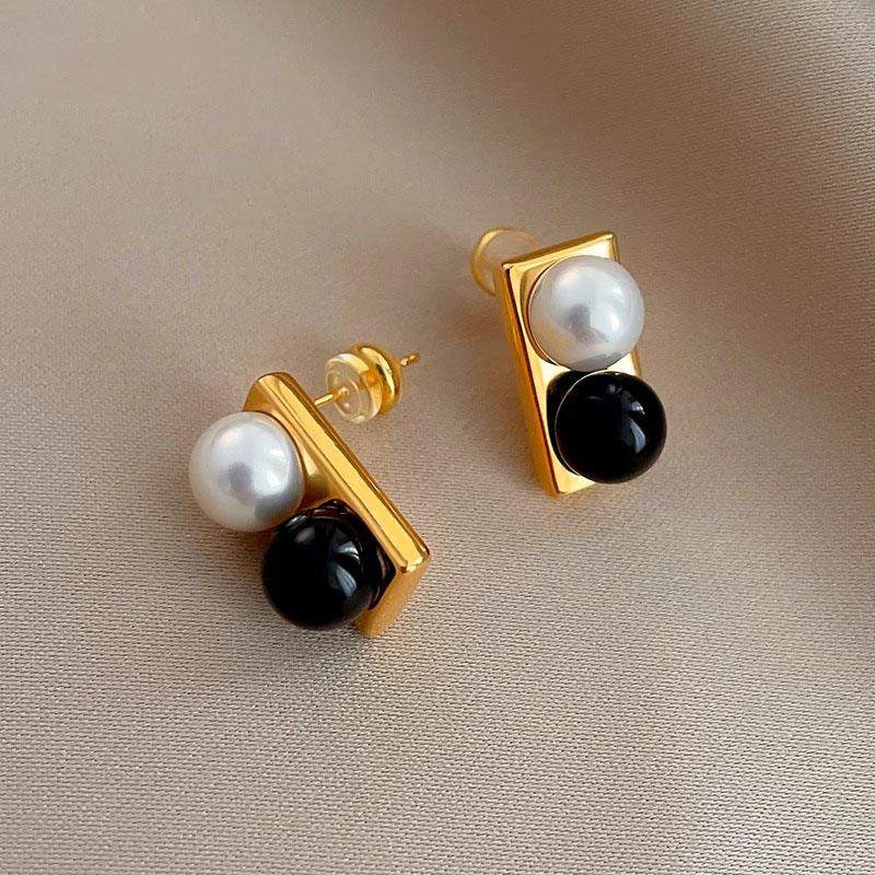 MaisonCleo小众设计感黑白珍珠矩形耳钉女气质耳环925银针时尚耳