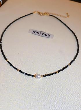 MaisonCleo简约黑色水晶串珠仿珍珠项链时尚小众气质高级锁骨链项