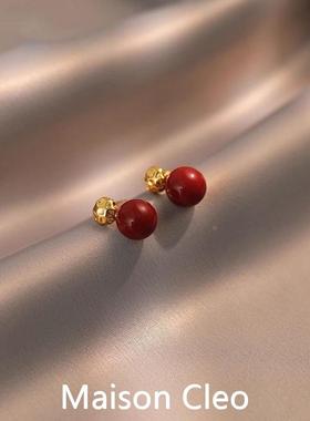MaisonCleo「风格明显」小巧精致红色豆豆耳钉女小众纯银针耳饰品