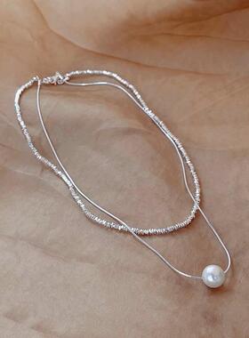 MaisonCleo双层叠戴珍珠项链2025新款法式超闪碎银子锁骨链设计感