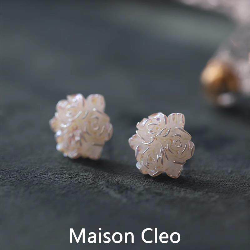 MaisonCleo「通勤设计」白色玫瑰花耳钉女小众设计感花朵短发耳环