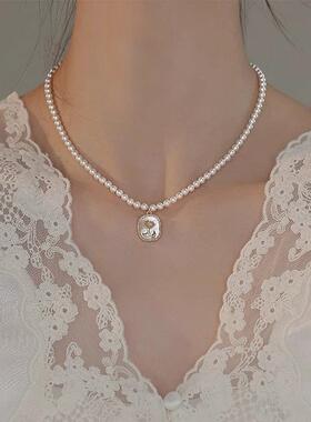 法式玫瑰花珍珠轻奢锁骨链女