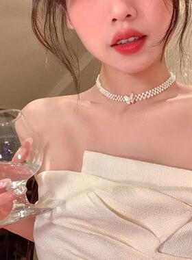 轻奢小众贝母蝴蝶多层珍珠锁骨链