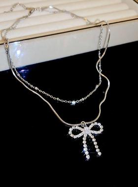 MaisonCleo优雅镶钻锆石蝴蝶结双层锁骨项链时尚简约小众气质高级
