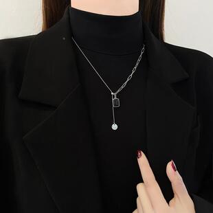 MaisonCleo「可盐可甜」黑色方牌纯银项链高级感设计感小众毛衣链
