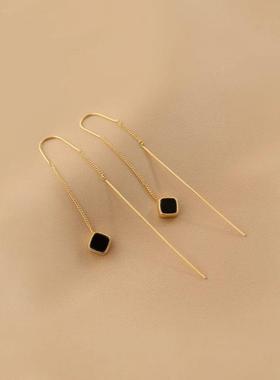 MaisonCleo黑色小方块耳线女超仙气质长款流苏耳坠圆脸显脸瘦的耳