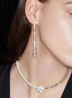 MaisonCleo真金电镀珍珠水钻花朵锁骨链欧美法式时尚优雅高级甜美