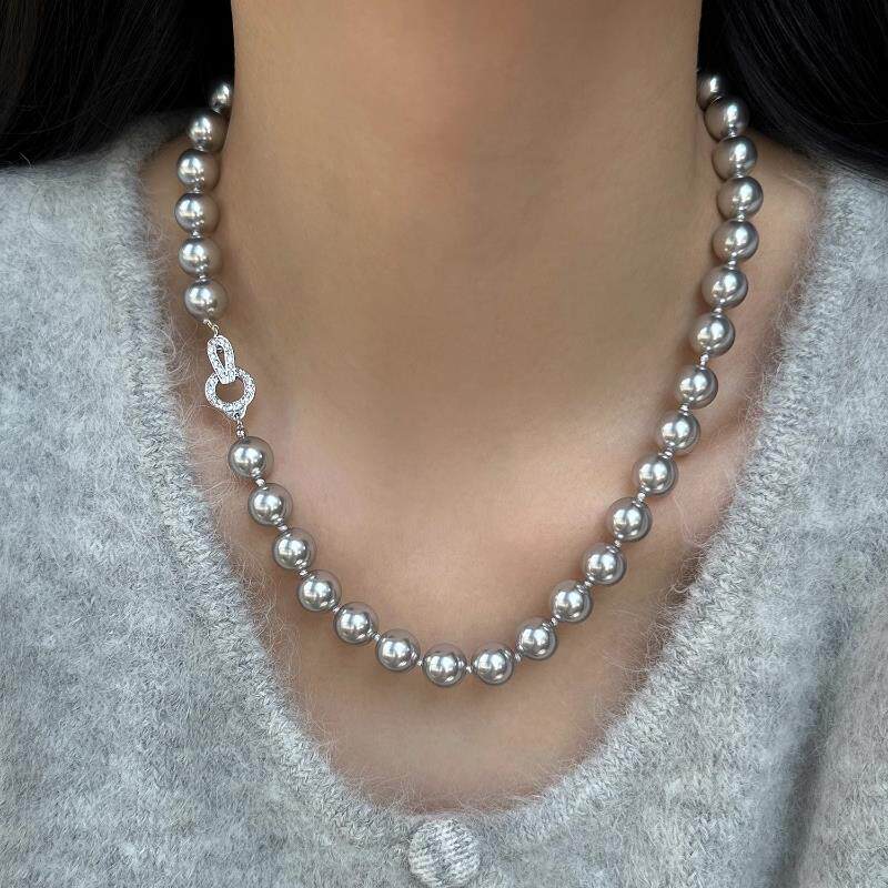 MaisonCleo「美到醉心」法式打结真多麻色银灰珍珠项链小众毛衣链