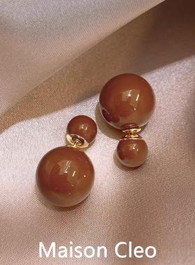 MaisonCleo「疯狂种草」咖色前后式大小珍珠耳钉女新款独特耳饰品