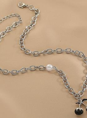 MaisonCleo嘻哈珍珠链条滴油黑色樱桃锁骨链欧美个性高级时尚毛衣