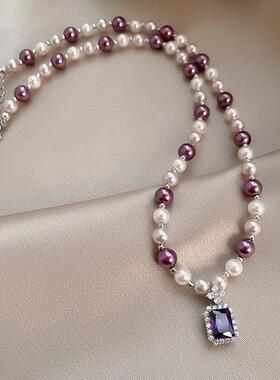 紫色水晶方糖珍珠锁骨链女轻奢