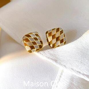 MaisonCleo「赫本气质」棋盘格个性气质耳环2025新款耳钉复古风女