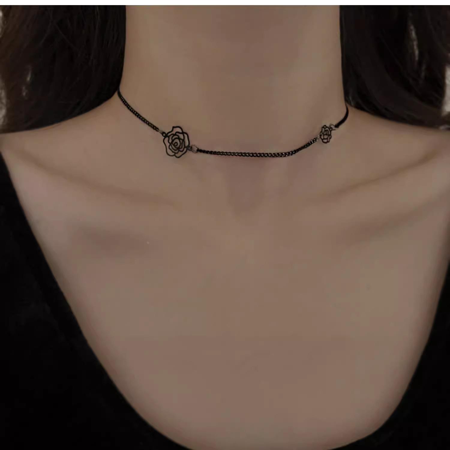 MaisonCleo法式黑色玫瑰花项链女锁骨链纯欲少女复古颈链配饰