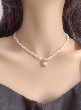 法式几何吊坠双层珍珠锁骨链