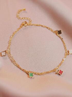 MaisonCleo彩色四叶草双层脚链女经典款性感个性脚裸链足链简约饰