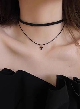 MaisonCleo黑色绳子双层脖颈链三角项链女轻奢小众锁骨链配饰