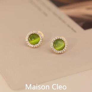 MaisonCleo「精致出行」翡翠绿蚊香盘无耳洞耳夹复古中式锆石耳饰