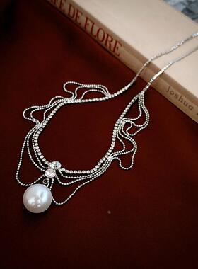 MaisonCleo高级感轻奢镶钻蕾丝网状流苏珍珠项链法式时尚气质宴会