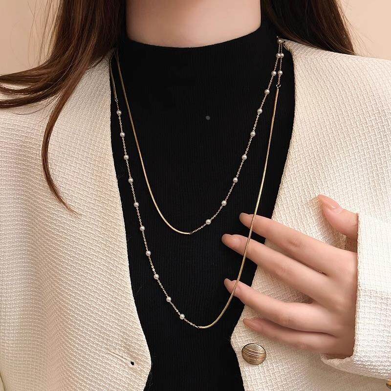 MaisonCleo「经典高雅」轻奢气质双层叠戴长款拼接珍珠毛衣项链
