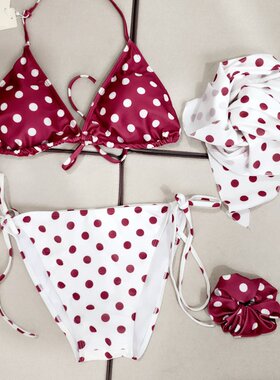 辣妹甜心撞色红色波点泳池拍照温泉泳衣女新款分体比基尼度假泳装
