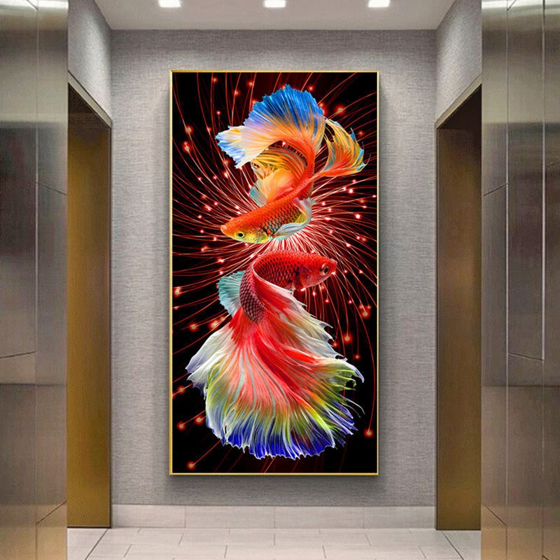 DMC KcS火红锦鲤十字绣玄关七彩喜庆双锦鲤客厅竖版大格四股绣满