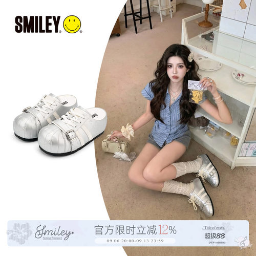 SMILEY笑脸银色星星毛毛虫半拖鞋