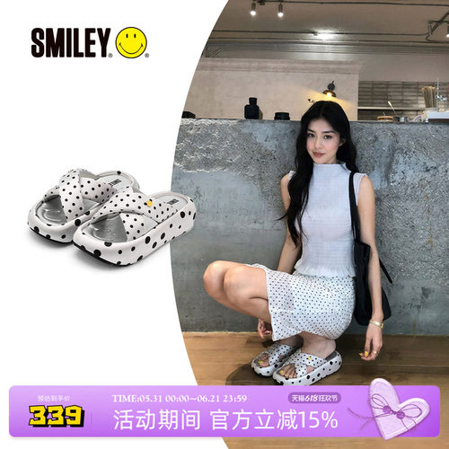 SMILEY笑脸银黑波点交叉带拖鞋子