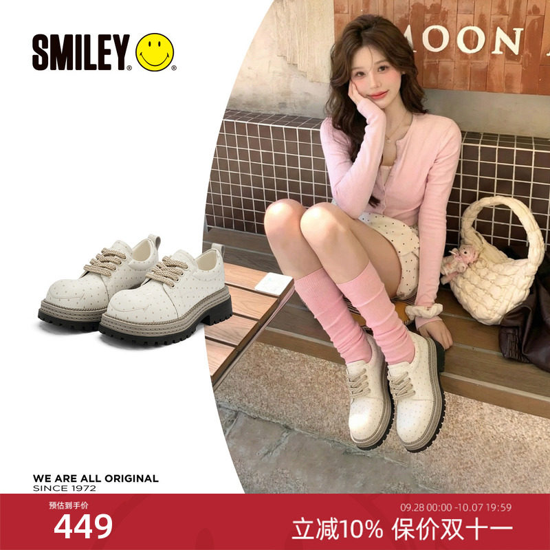 SMILEY笑脸白色波点春季女小皮鞋图片