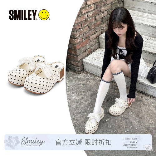 SMILEY笑脸蕾丝高跟玛丽珍半拖鞋