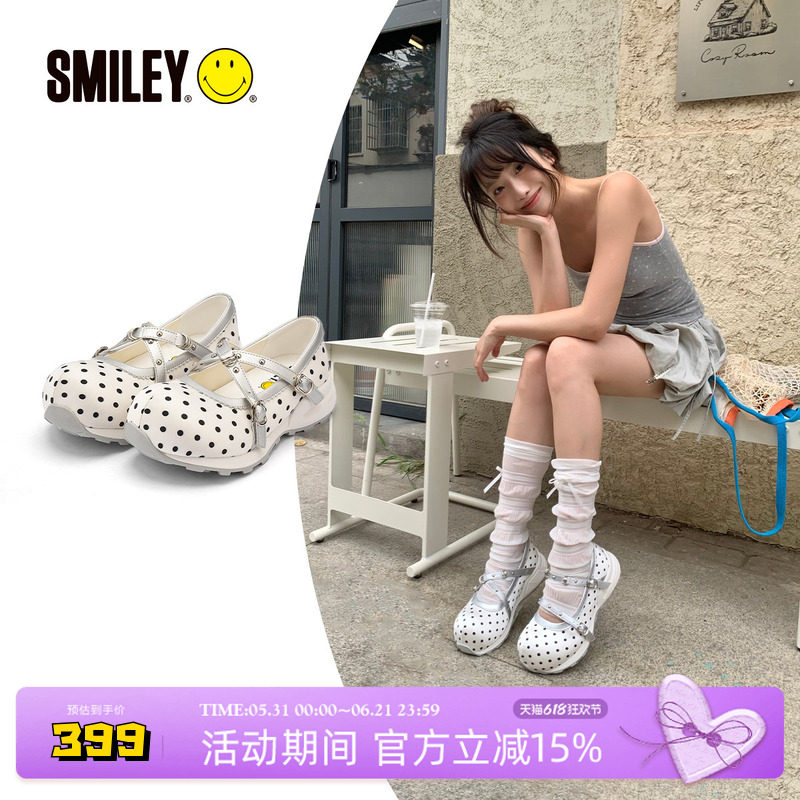 SMILEY笑脸圆头波点白色厚底增高女春季新款运动玛丽珍鞋休闲鞋子