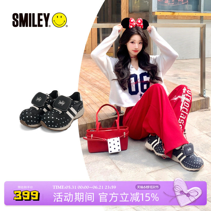 SMILEY笑脸蘑菇系列黑色女丑萌波点翻盖圆头增高慢跑鞋复古休闲鞋
