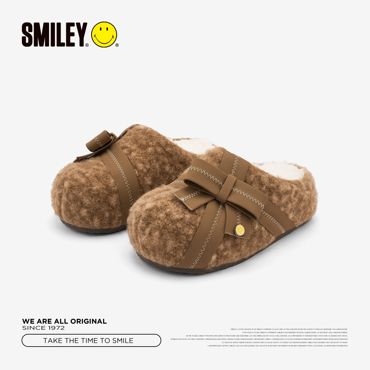 SMILEY笑脸棕冬季女蝴蝶结穆勒拖