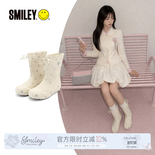 SMILEY笑脸蝴蝶结白波点增高靴子